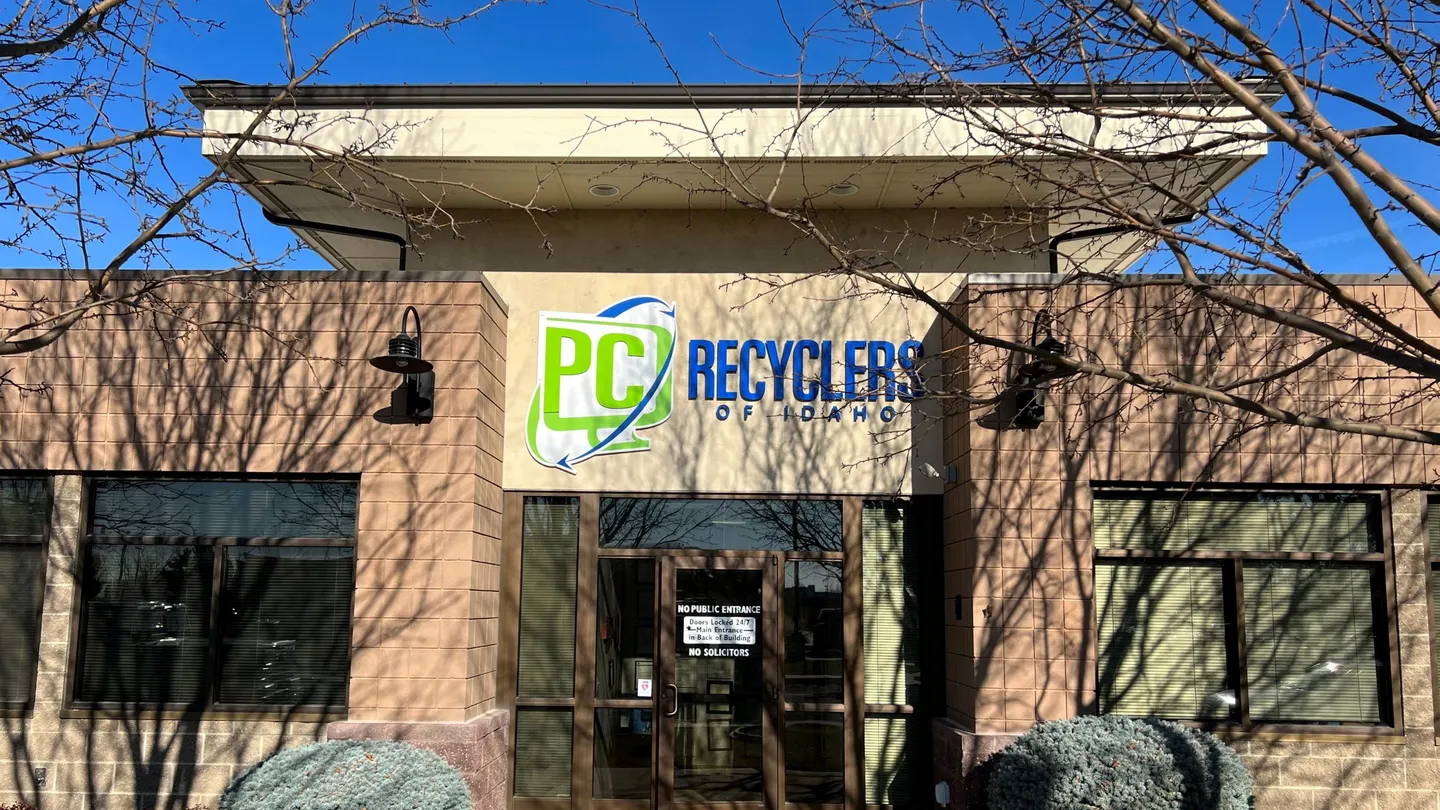 The PC Recyclers of Idaho building and entrance in Meridian, Idaho