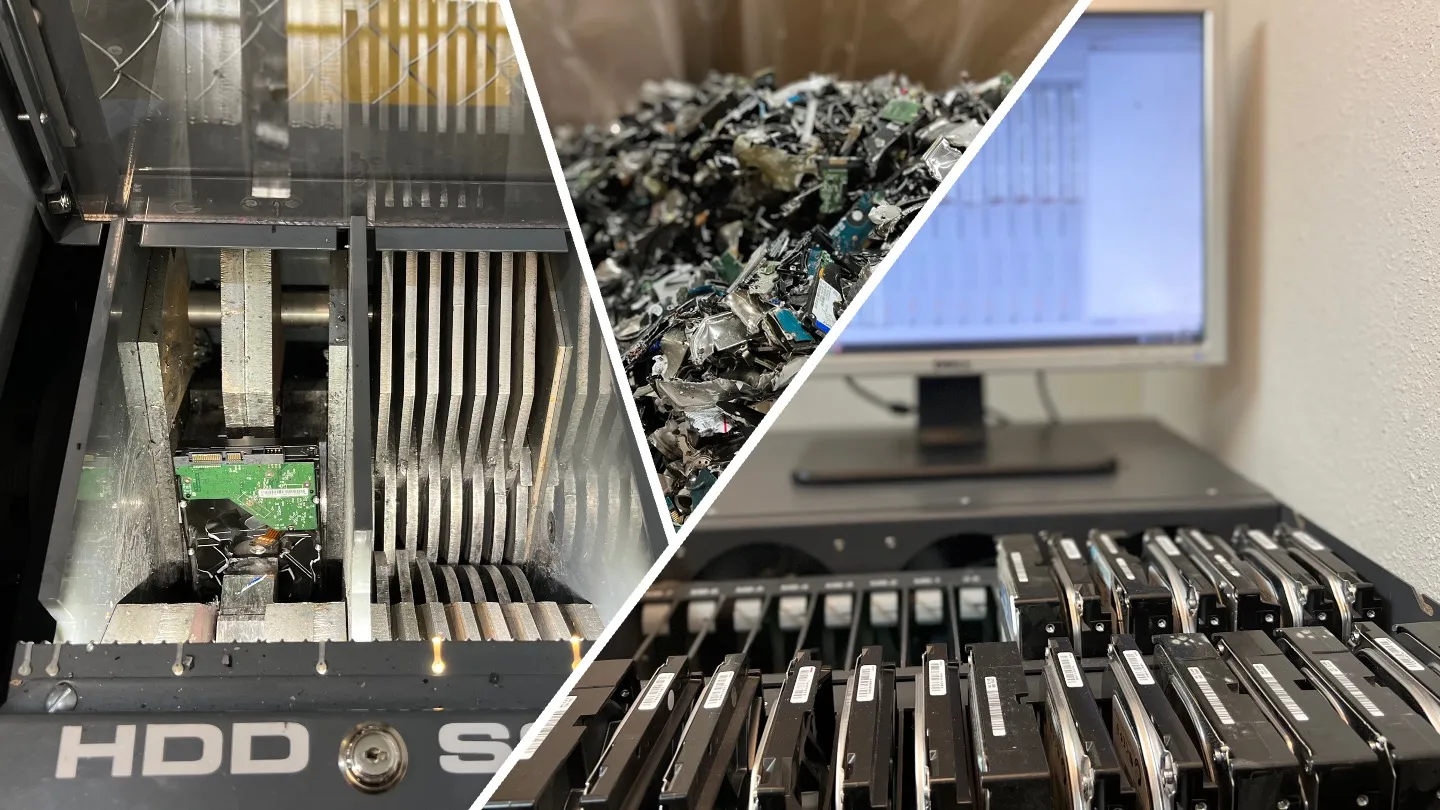 Hard drives being processed for secure data destruction