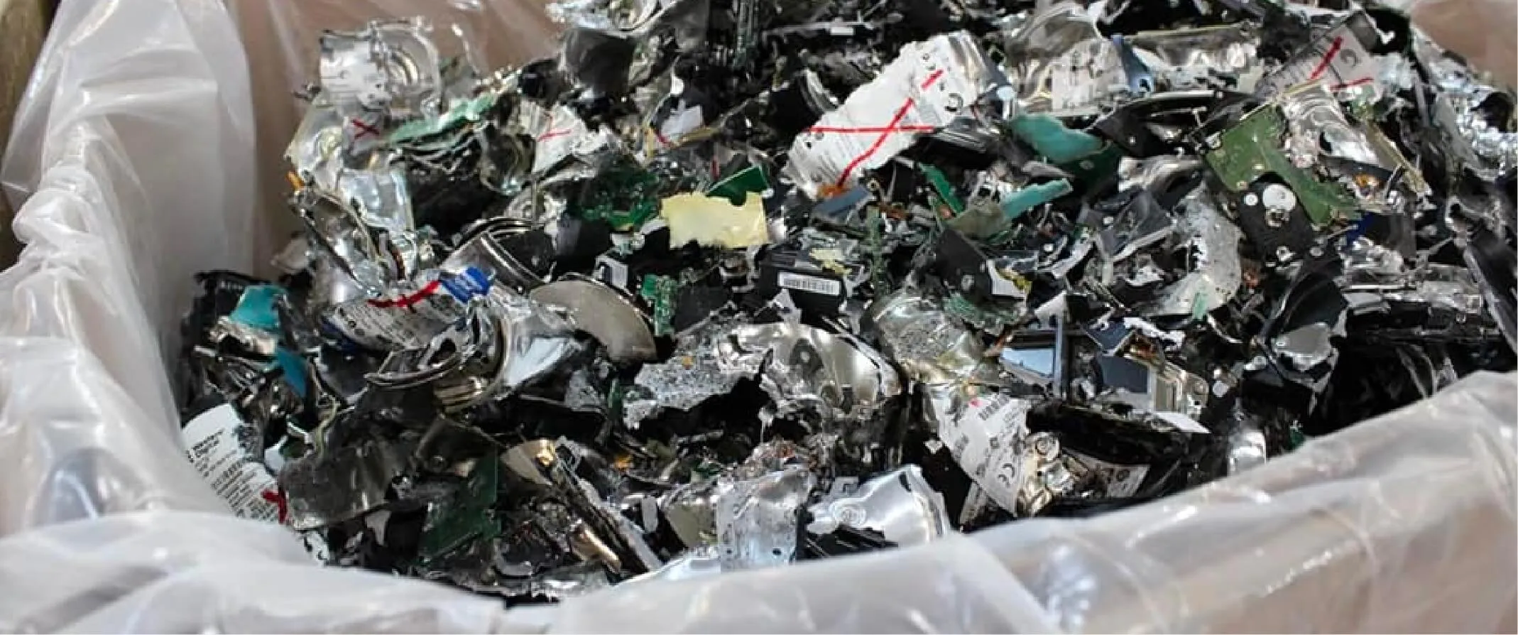 Shredded electronic scrap ready for downstream recycling